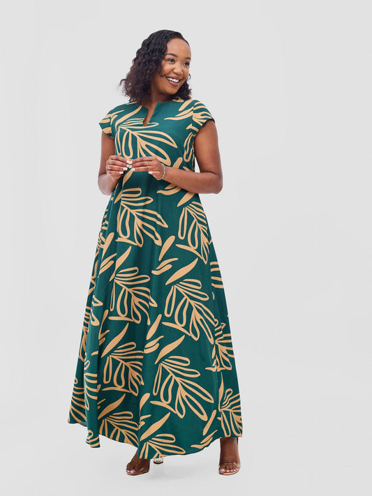 Vivo Zola V Neck Cap Sleeve Maxi Dress - Green / Tan Print