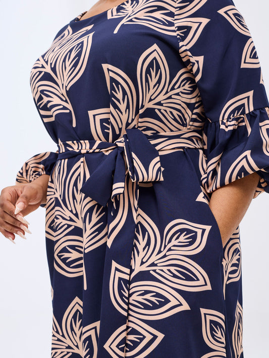Vivo Zena Bishop Panel Long Sleeve Round Neck Dress - Navy / Peach Print