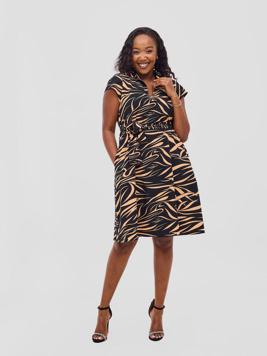 Vivo Zuri Cap Sleeve Knee Length Dress - Black / Orange Print