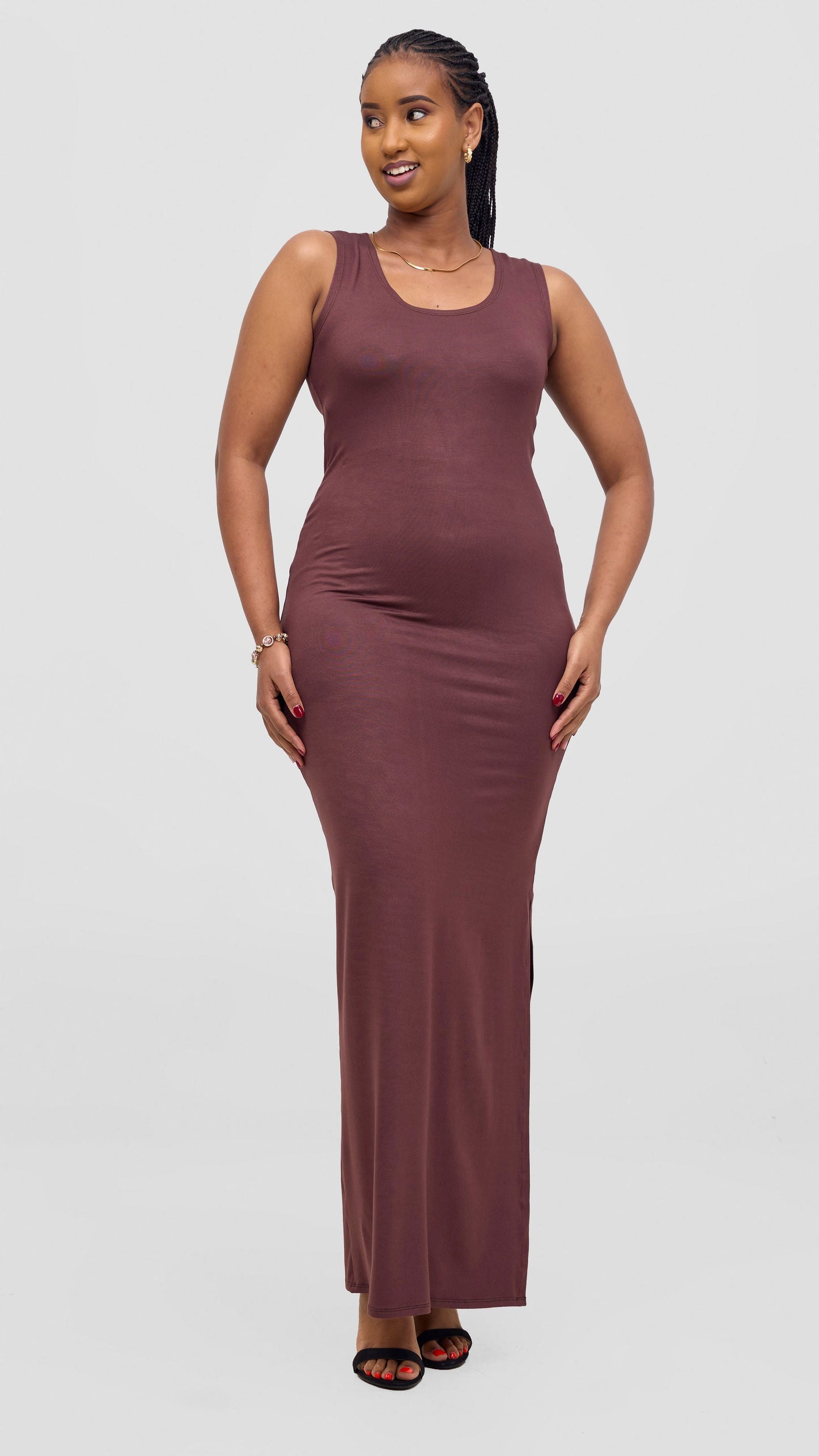 Vivo Ari Sleeveless Straight Maxi Slit Dress - Chocolate Brown