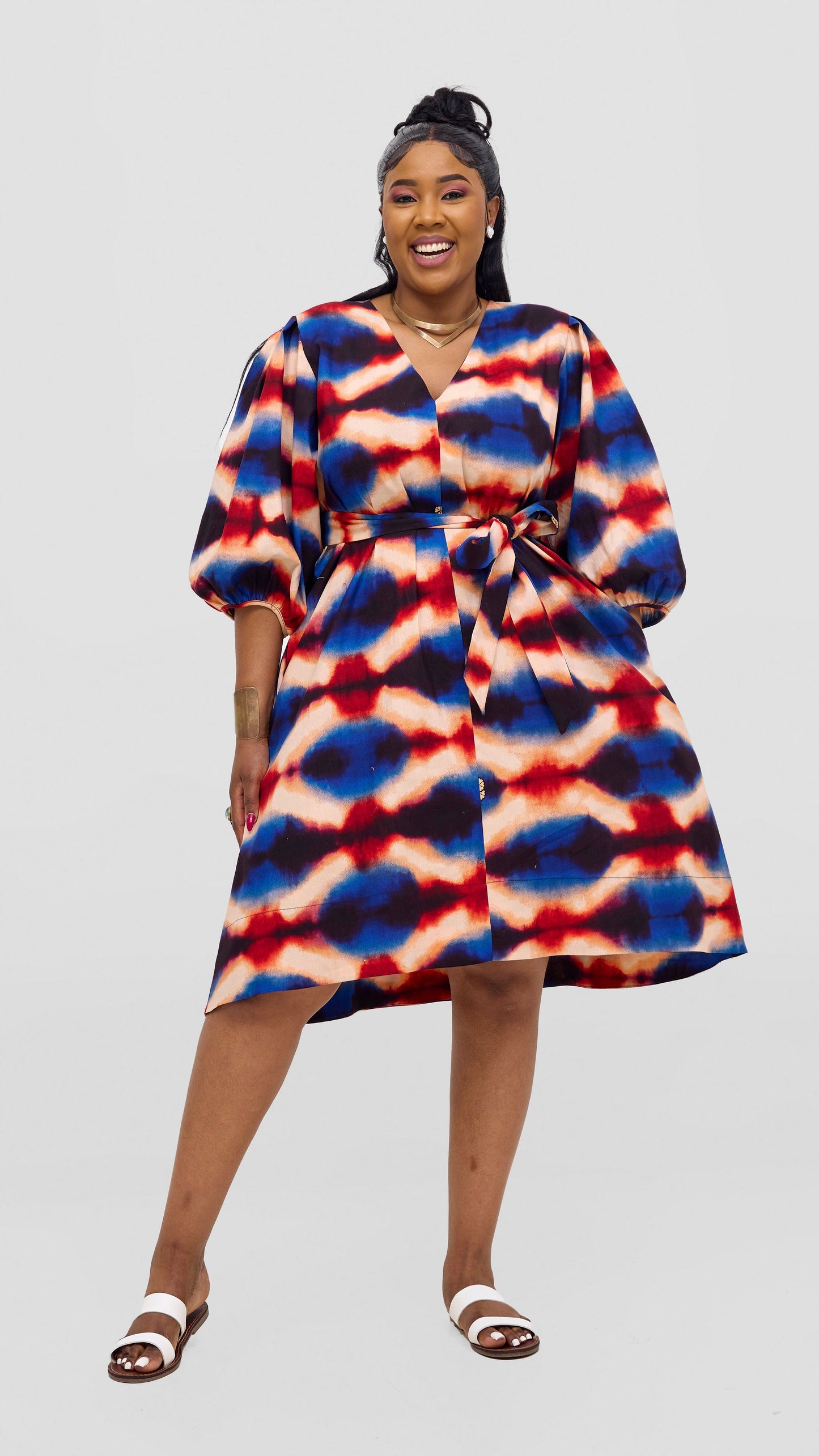 Safari Tara Bishop Sleeve Dress - Peach / Blue Sara Print