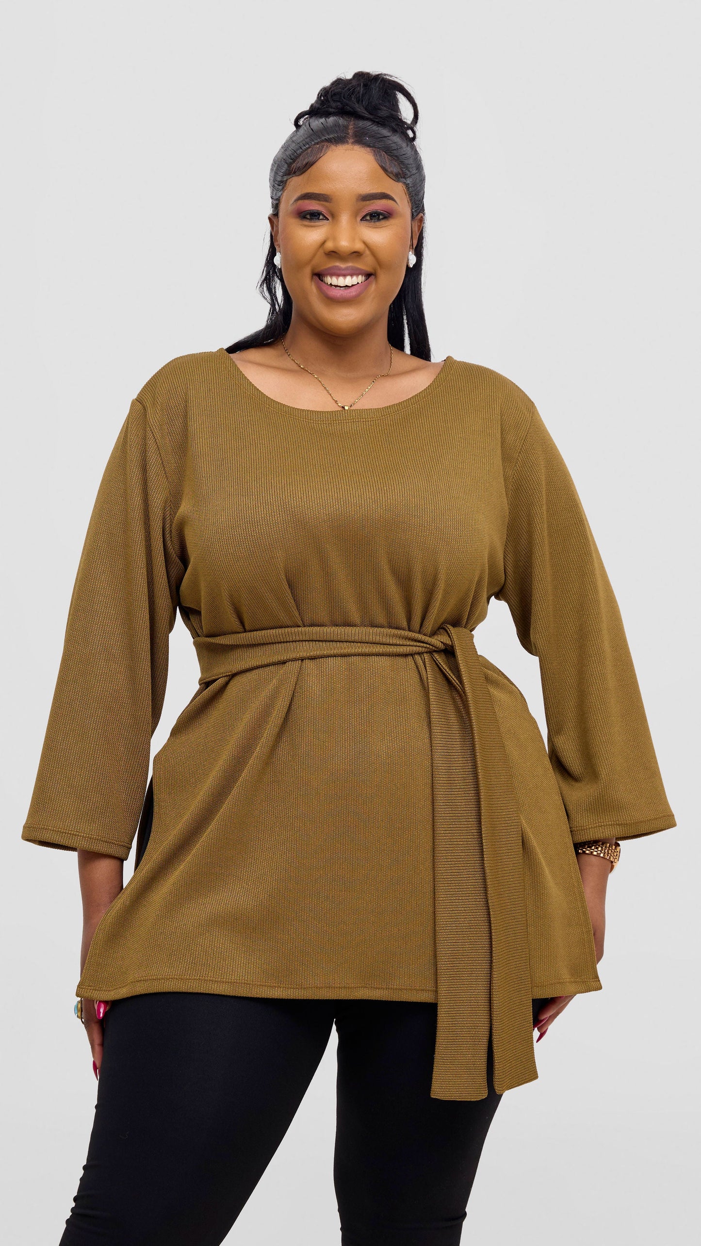 Vivo Rema 3/4 Sleeve Side Slit Tunic Top - Dark Olive
