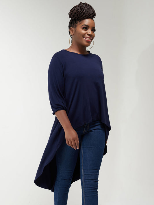 Vivo Basic Nalia High Low Jersey Top - Navy Blue