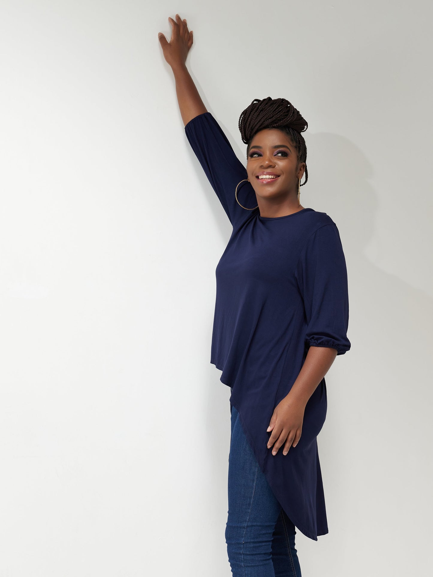 Vivo Basic Nalia High Low Jersey Top - Navy Blue