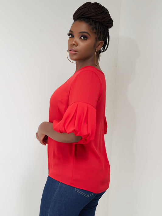 Vivo Basic Boundneck Puff Sleeve Top - Red