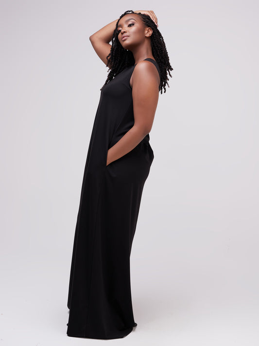 Vivo Ponte Back Pleat Maxi Dress - Black