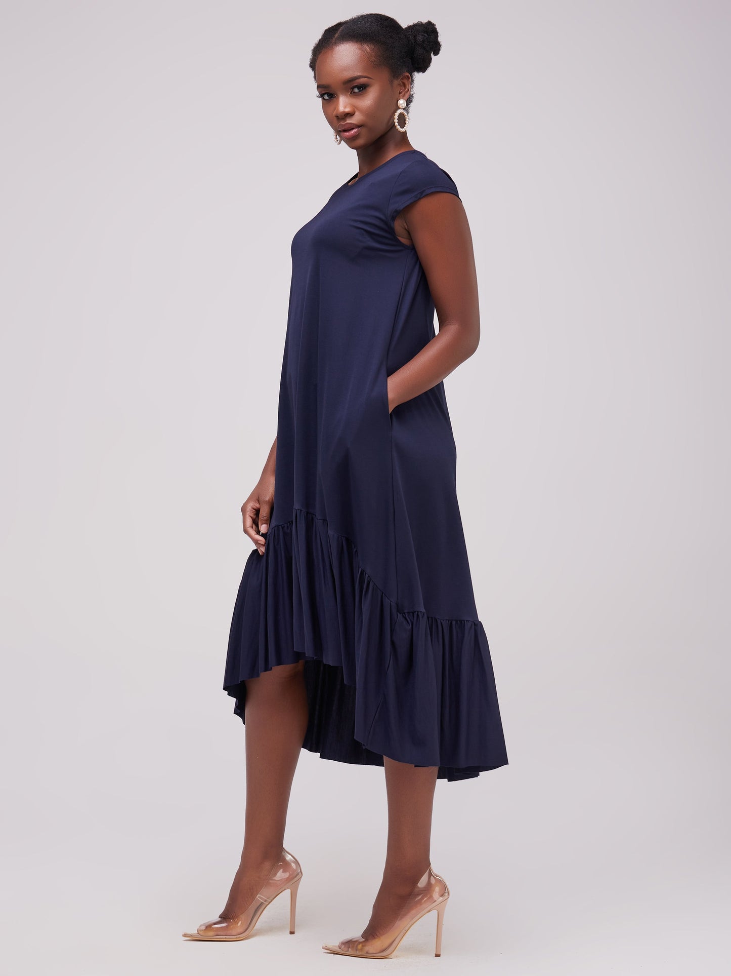 Vivo Lindi High Low Dress In Ponte - Navy Blue