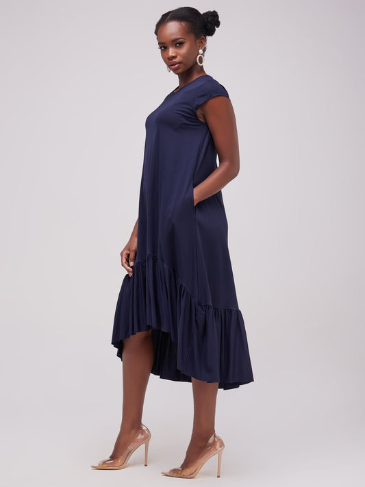 Vivo Lindi High Low Dress In Ponte - Navy Blue