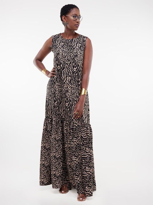 Safari Ayana Sleeveless Maxi Dress - Black / Peach Print