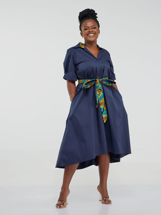 Safari Huru Short Sleeved Midi A-Line Dress - Navy Blue