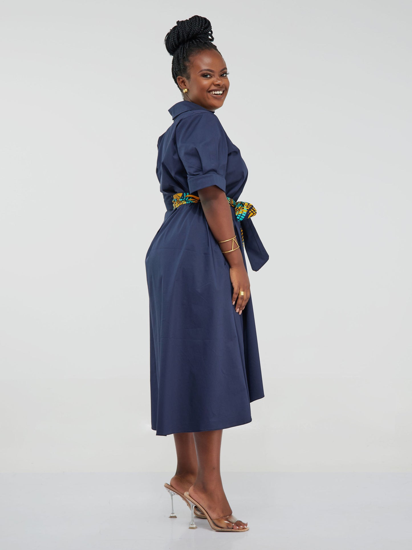 Safari Huru Short Sleeved Midi A-Line Dress - Navy Blue