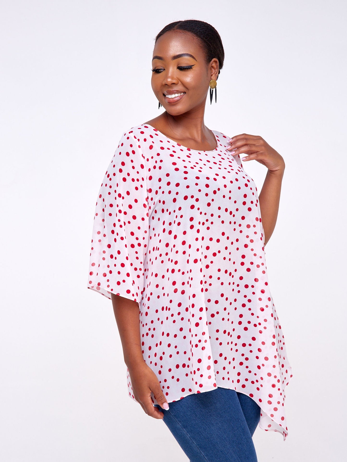 Vivo Sana Asymmetrical Angel Sleeve Top - Red / White Polka Dot Print