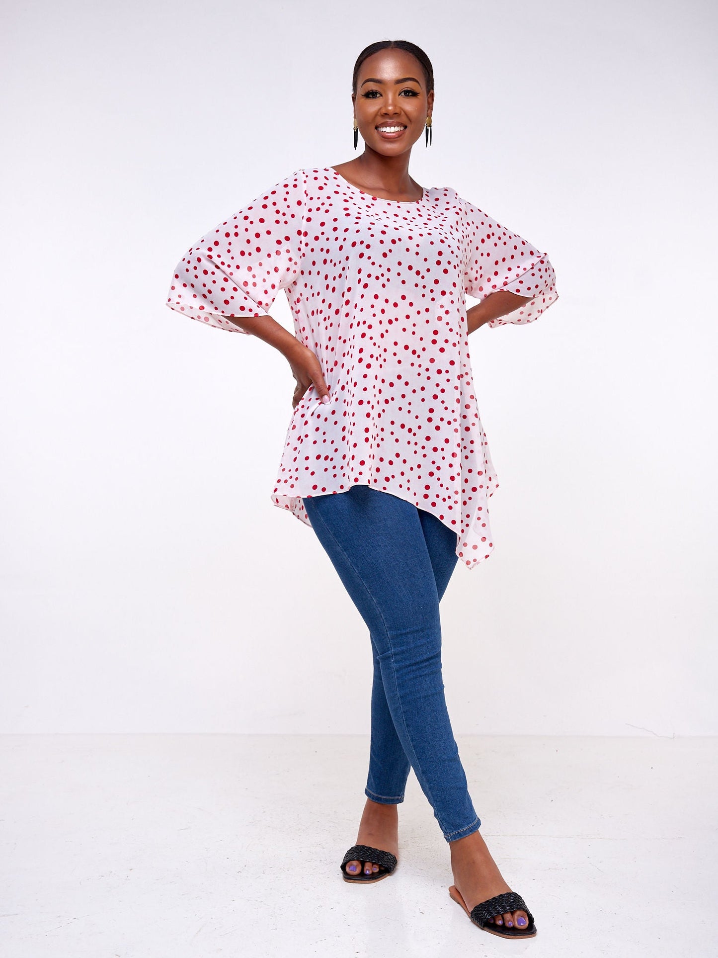 Vivo Sana Asymmetrical Angel Sleeve Top - Red / White Polka Dot Print