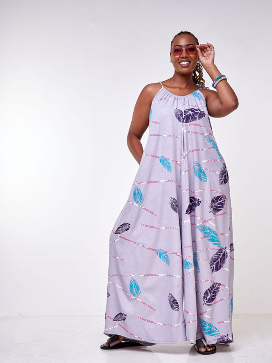 Vivo Diani Strappy Jumpsuit - Light Purple / Blue Leaf Print