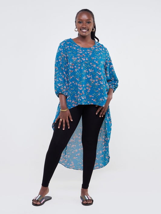 Vivo Basic Nalia High-low Chiffon Top - Teal / Pink Floral Print