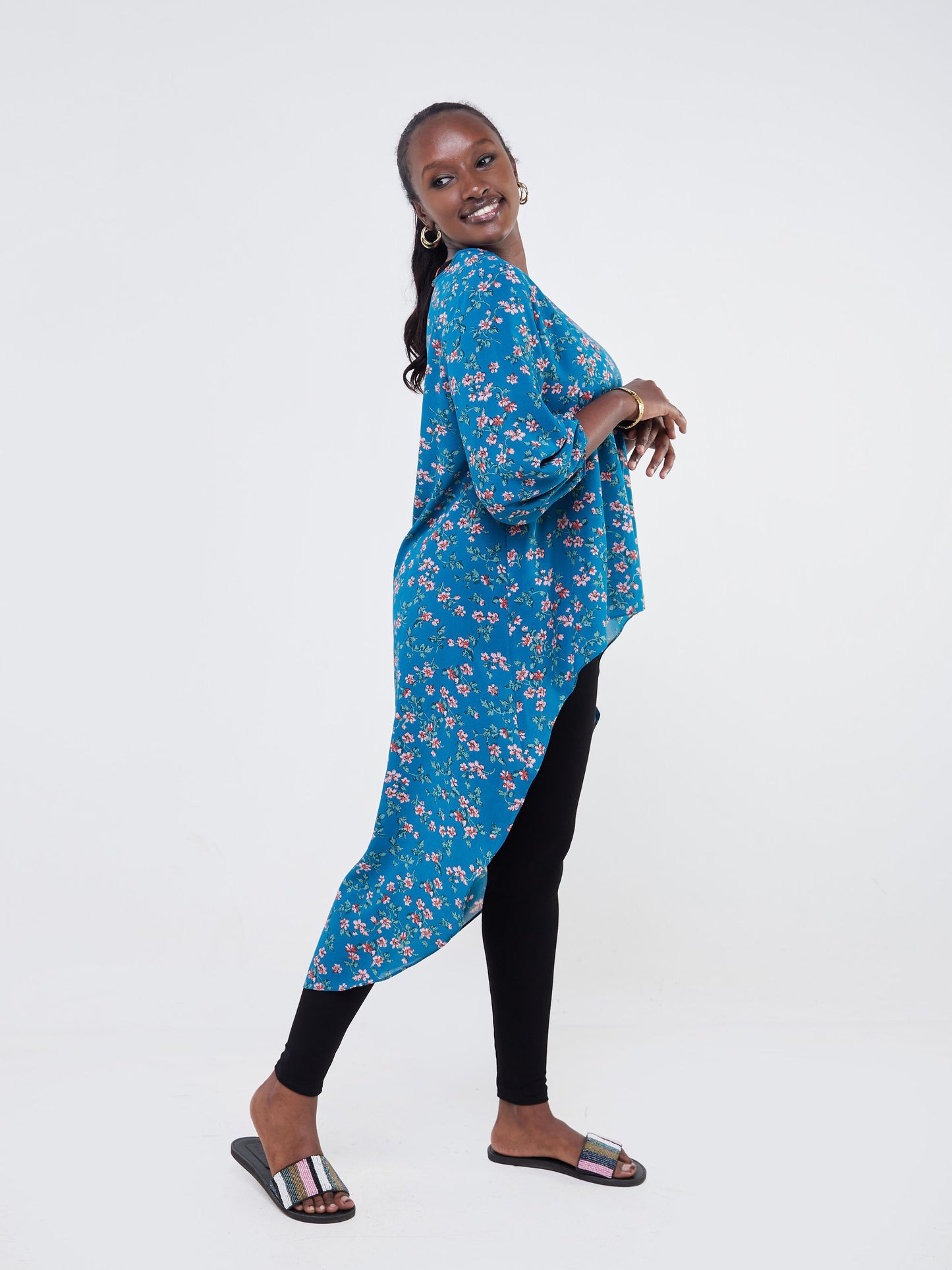 Vivo Basic Nalia High-low Chiffon Top - Teal / Pink Floral Print