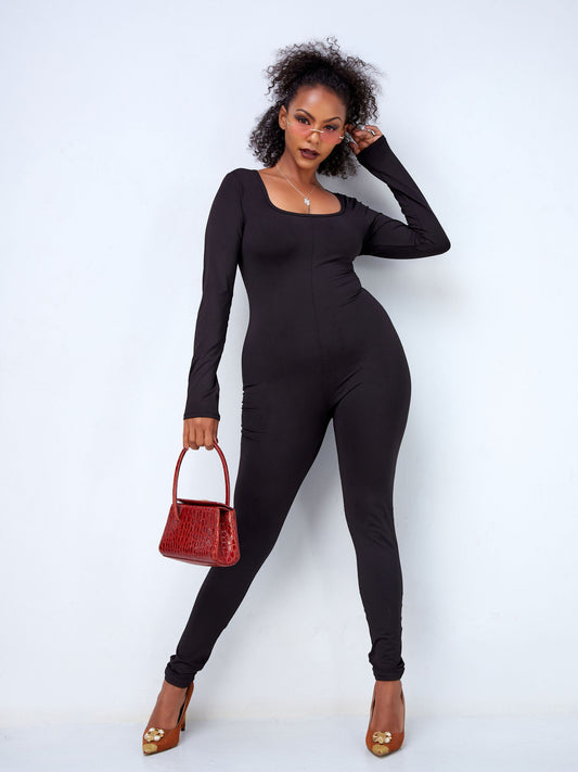 Zoya Party Square Neck Catsuit - Black