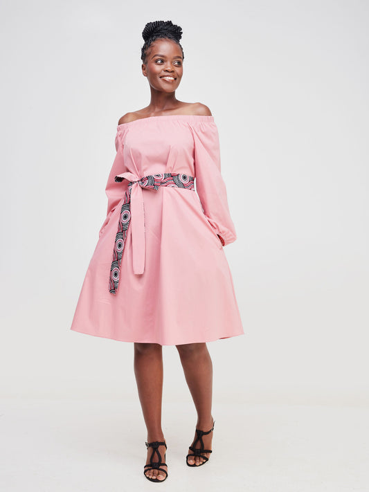 Safari Tawi Off Shoulder Knee Length Dress - Peach
