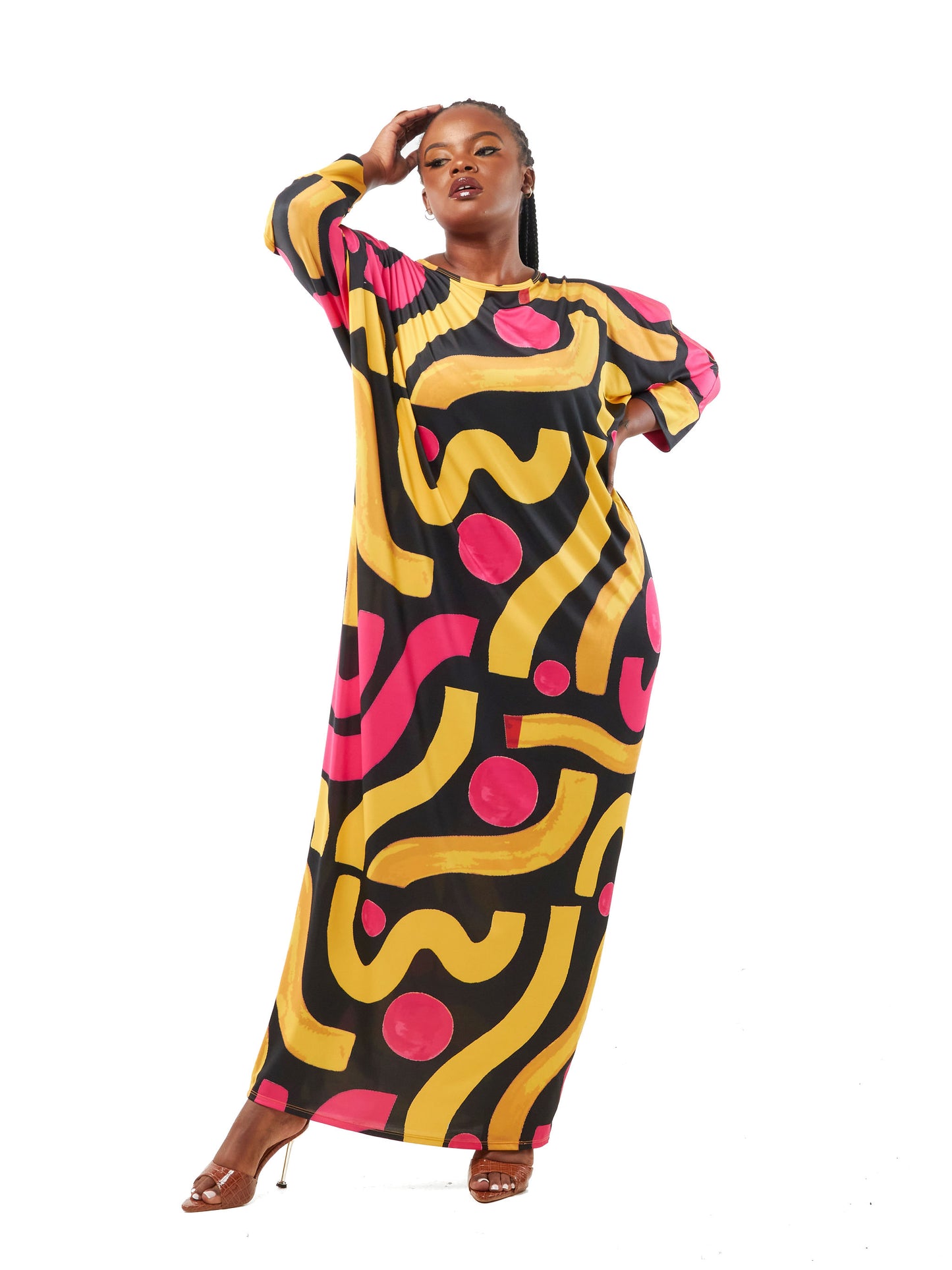 Vivo Ruwa Cold Shoulder Dolman Maxi Dress - Mustard / Red Multicolor Abstract