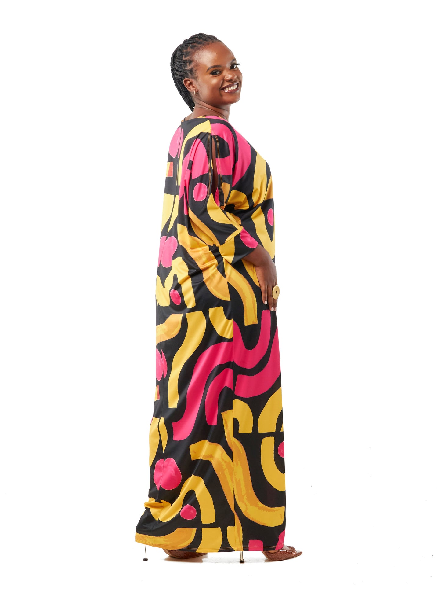 Vivo Ruwa Cold Shoulder Dolman Maxi Dress - Mustard / Red Multicolor Abstract