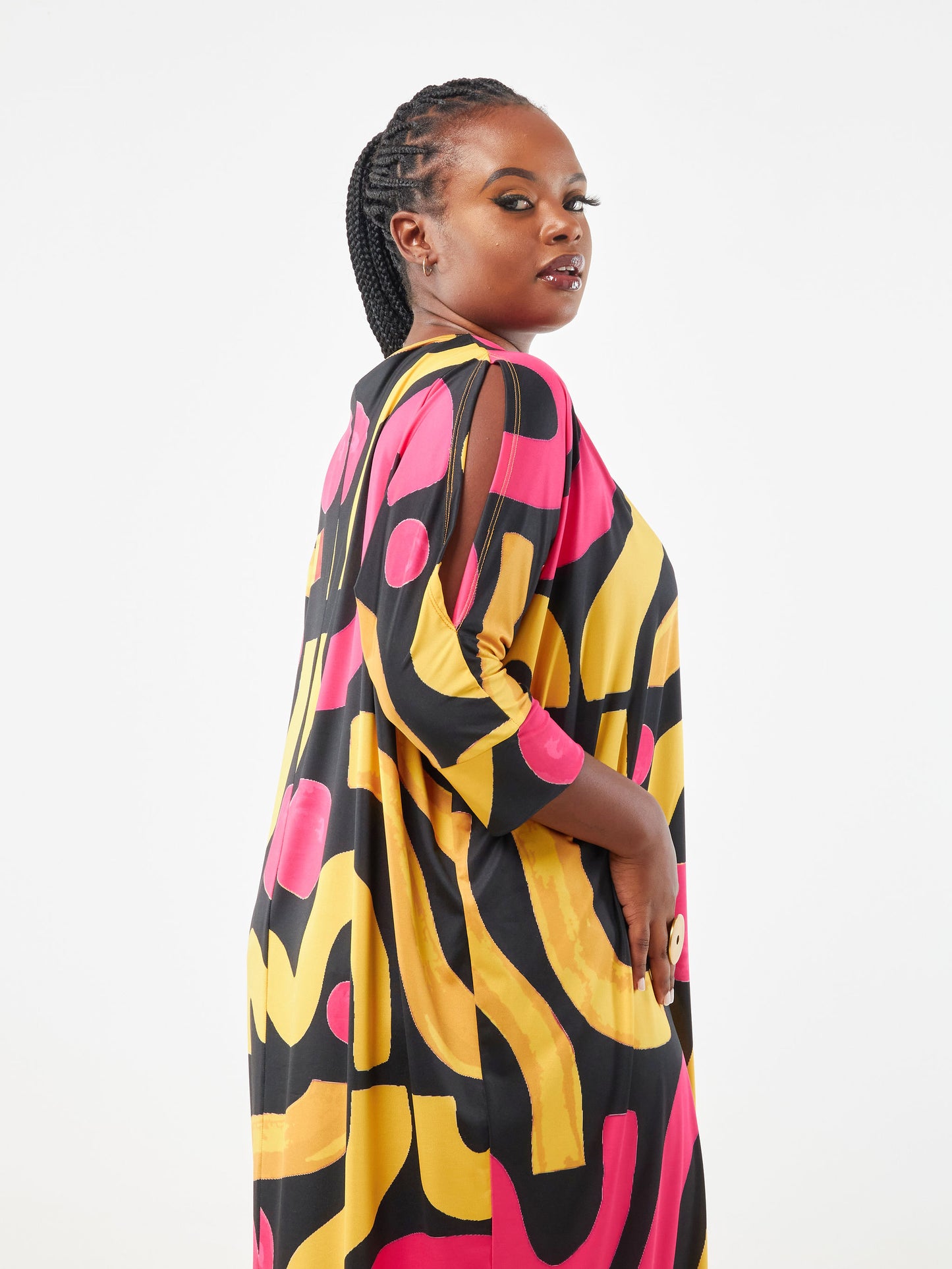 Vivo Ruwa Cold Shoulder Dolman Maxi Dress - Mustard / Red Multicolor Abstract