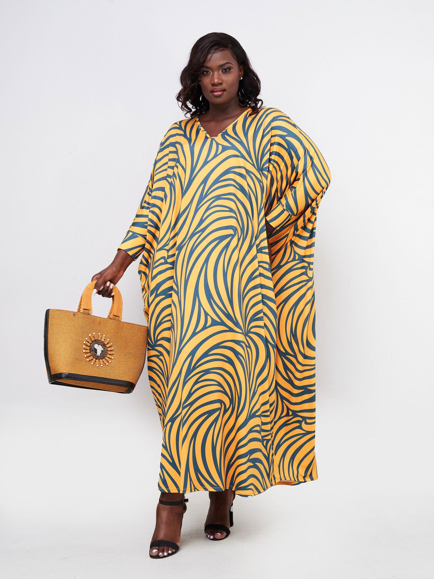 Vivo Lumi Cuffed Dolman Maxi Dress - Mustard / Teal Spiral Abstract Print