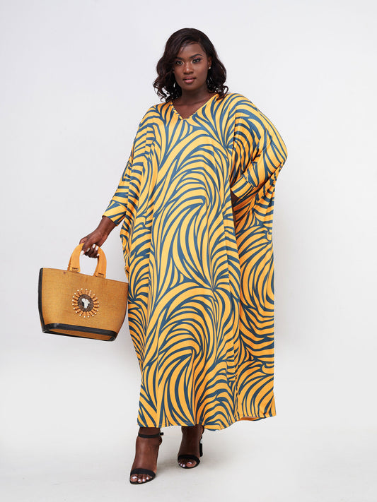 Vivo Lumi Cuffed Dolman Maxi Dress - Mustard / Teal Spiral Abstract Print