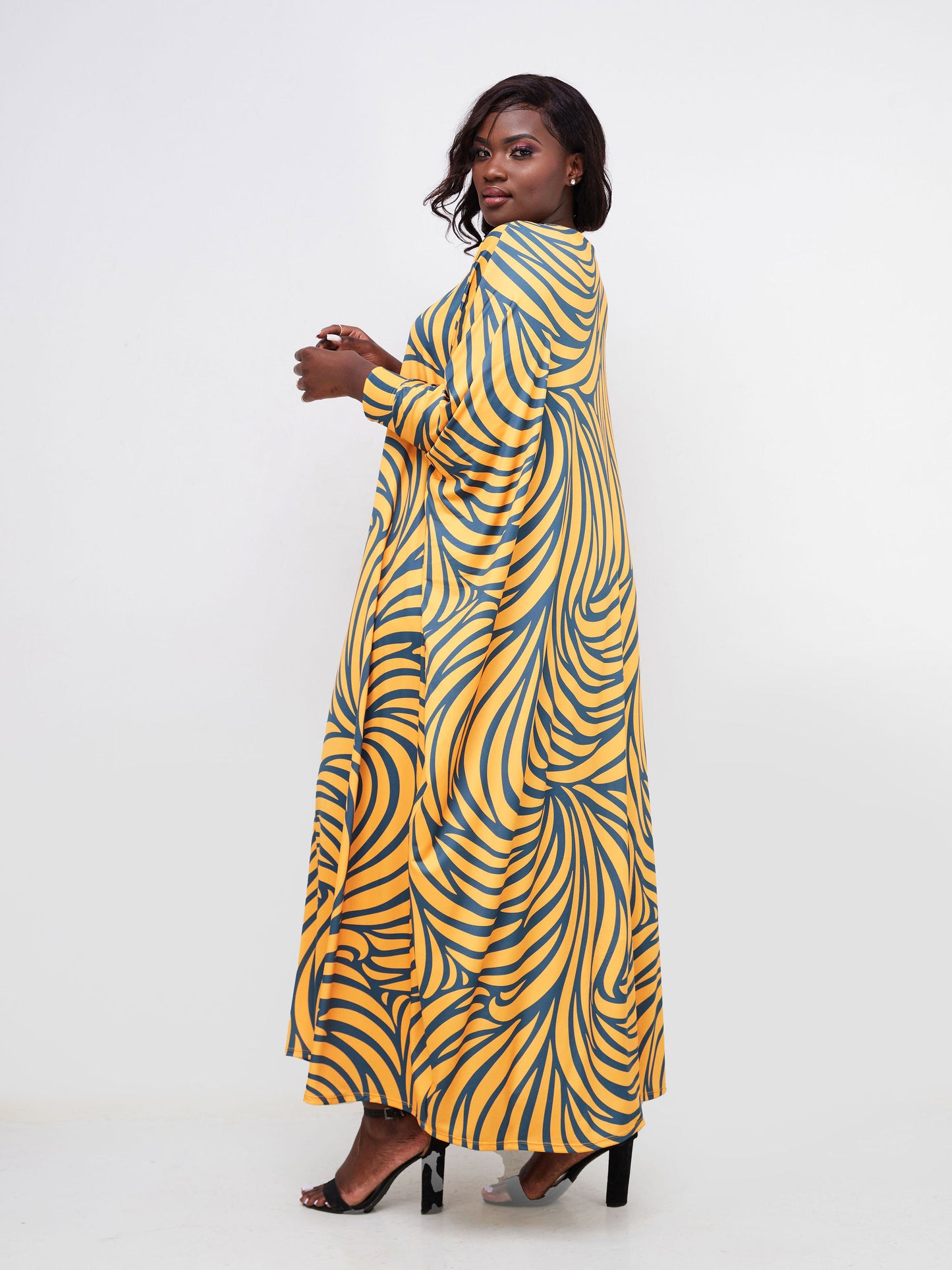 Vivo Lumi Cuffed Dolman Maxi Dress - Mustard / Teal Spiral Abstract Print