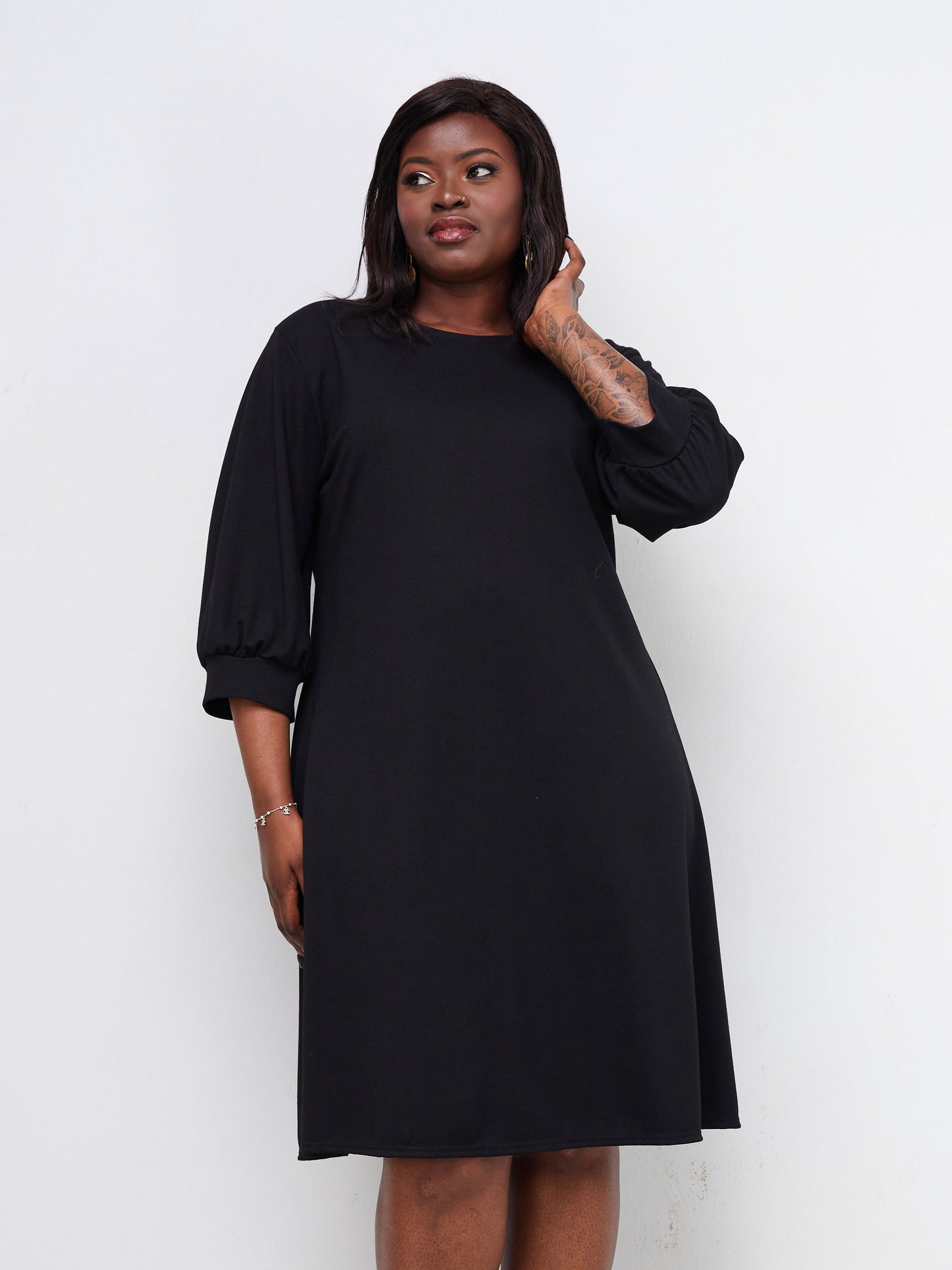 Vivo Tana 3/4 Bishop Sleeve A-line Dress - Black