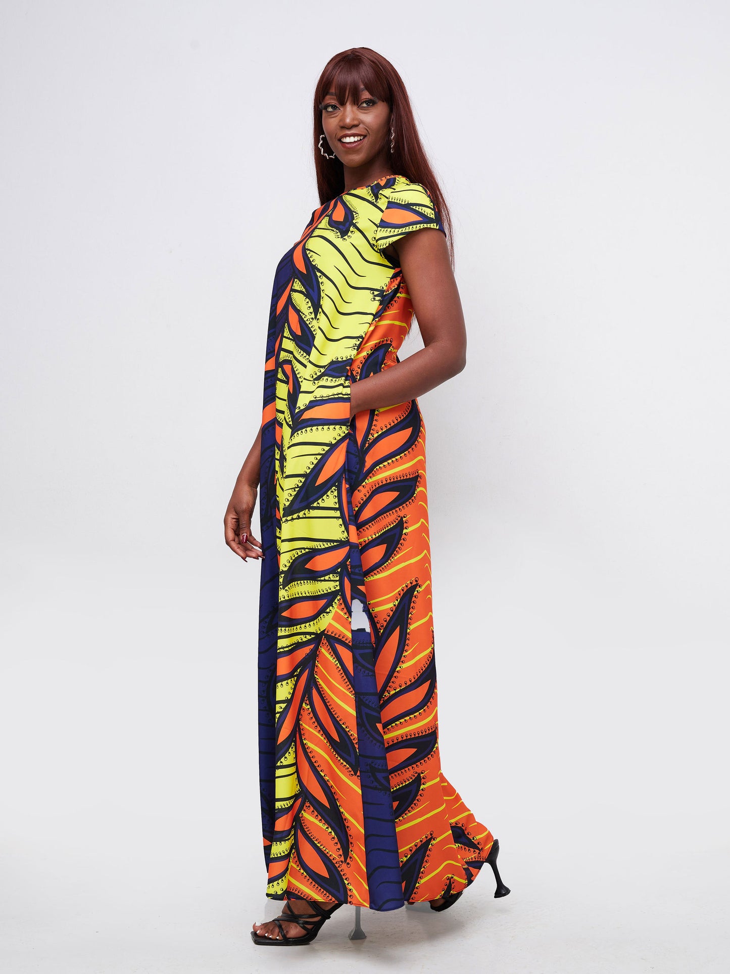 Vivo Basic Cap Sleeved Tent Maxi Dress - Orange /  Purple Abstract Print