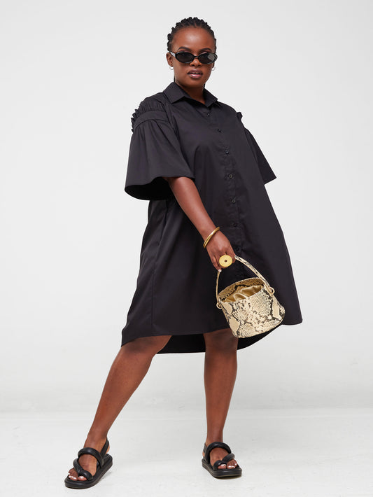 Safari Mali Gathered Flounce Sleeve Shirt Dress - Black