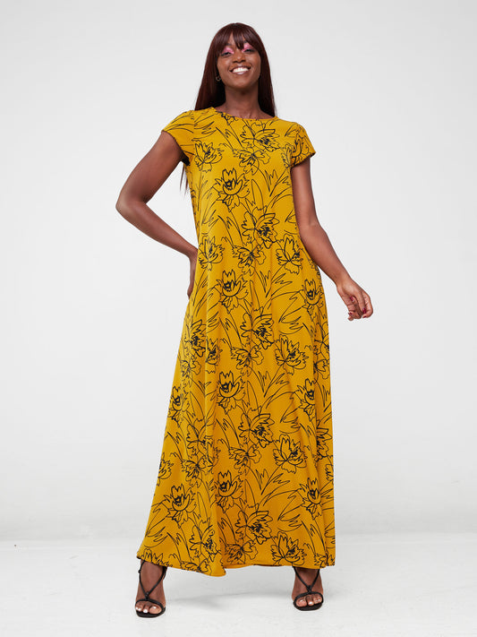 Vivo Basic Cap Sleeved Tent Maxi Dress - Mustard / Black Abstract Print