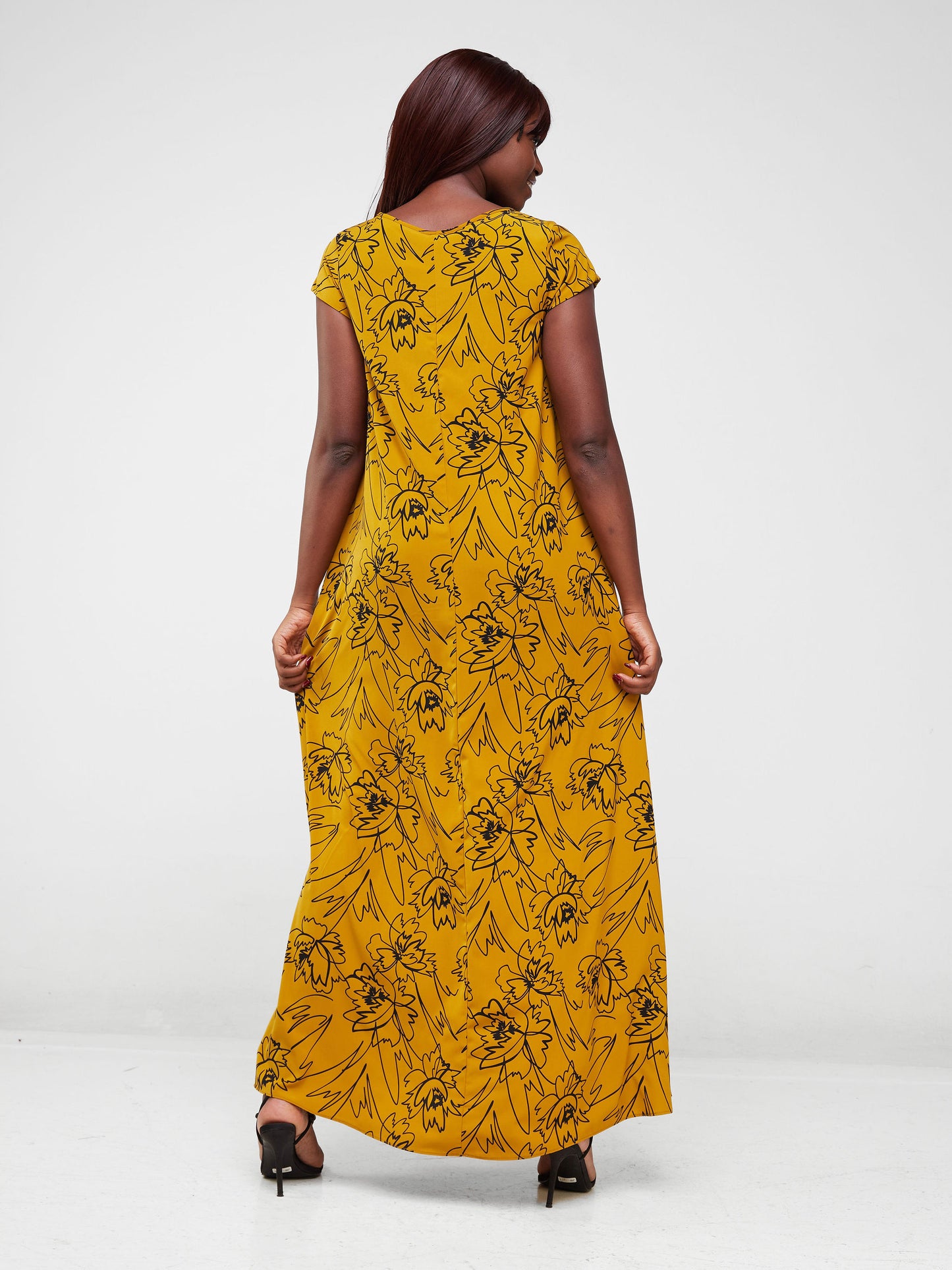 Vivo Basic Cap Sleeved Tent Maxi Dress - Mustard / Black Abstract Print