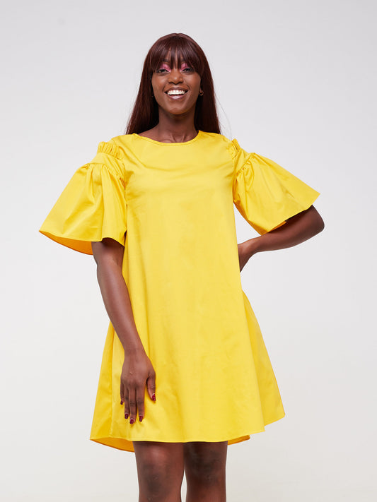 Safari Mali Gathered Flounce Sleeve Tent Dress - Mustard