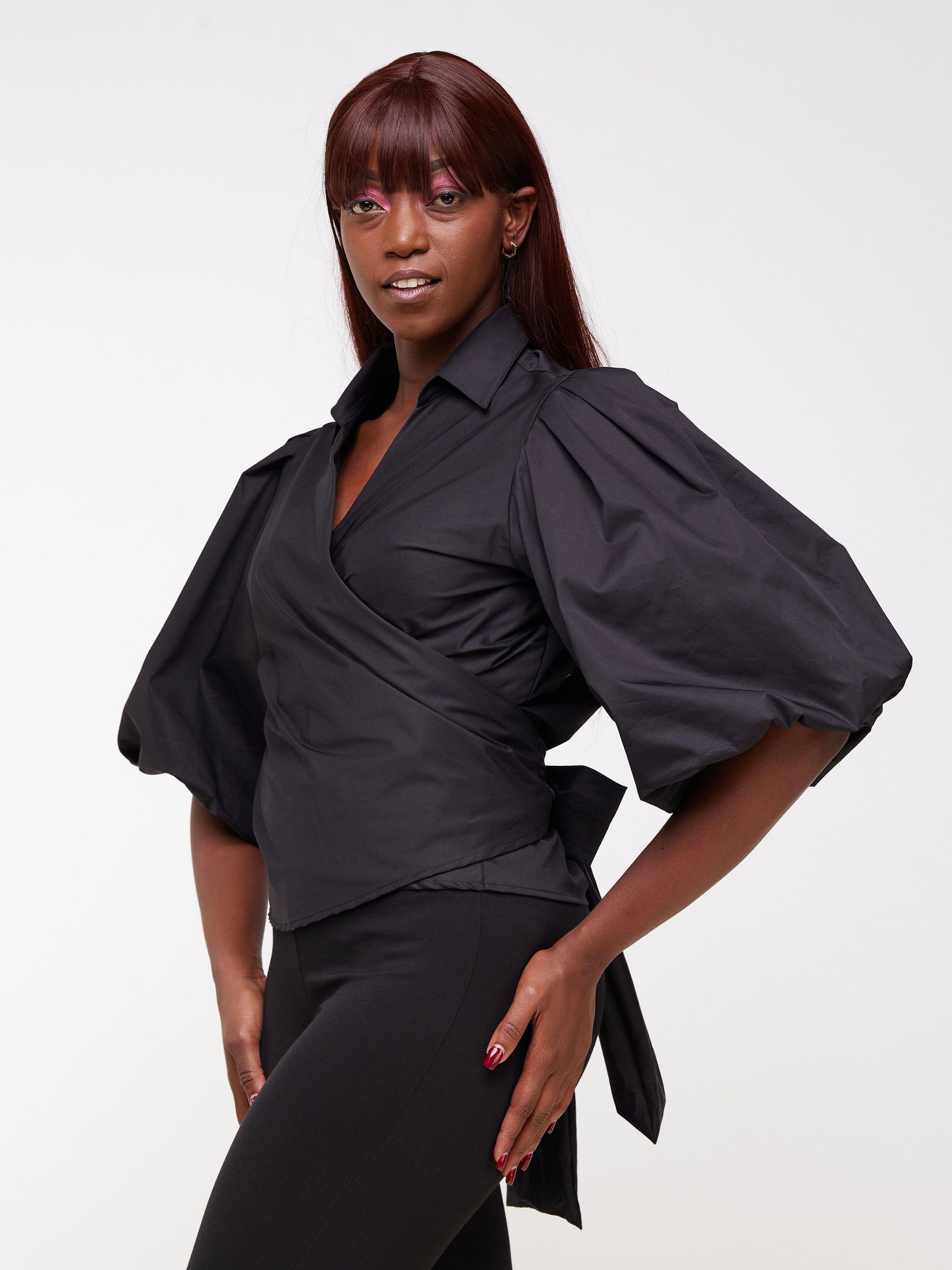 Safari Mali 3/4 Bishop Sleeve  Tie Top - Black
