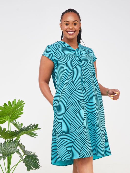 Vivo Imali V-Neck Tie Tent Dress - Sea Green / Black Abstract Print