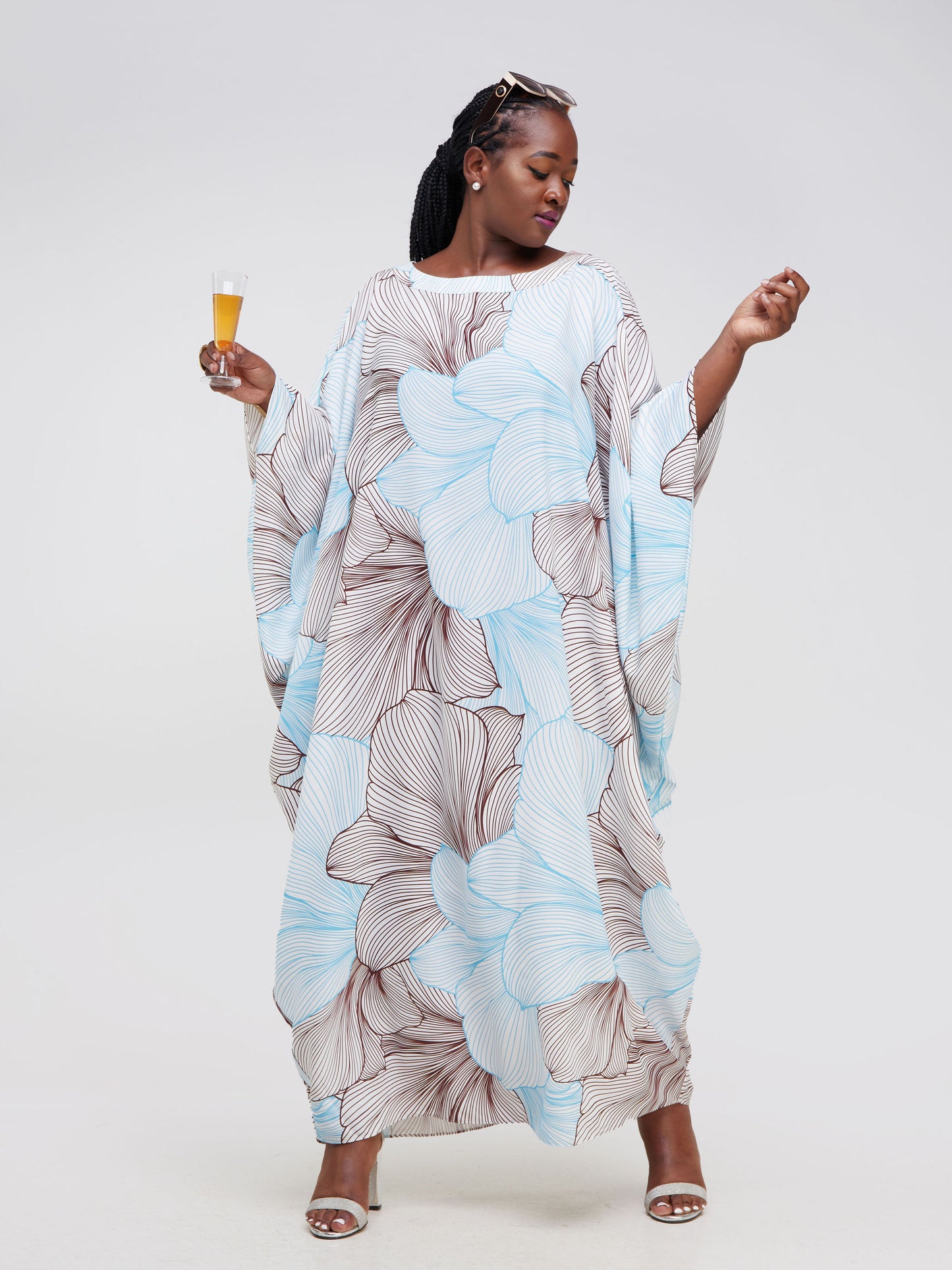 Vivo Asika Cold Shoulder Kaftan - Brown / Light Teal Floral Print
