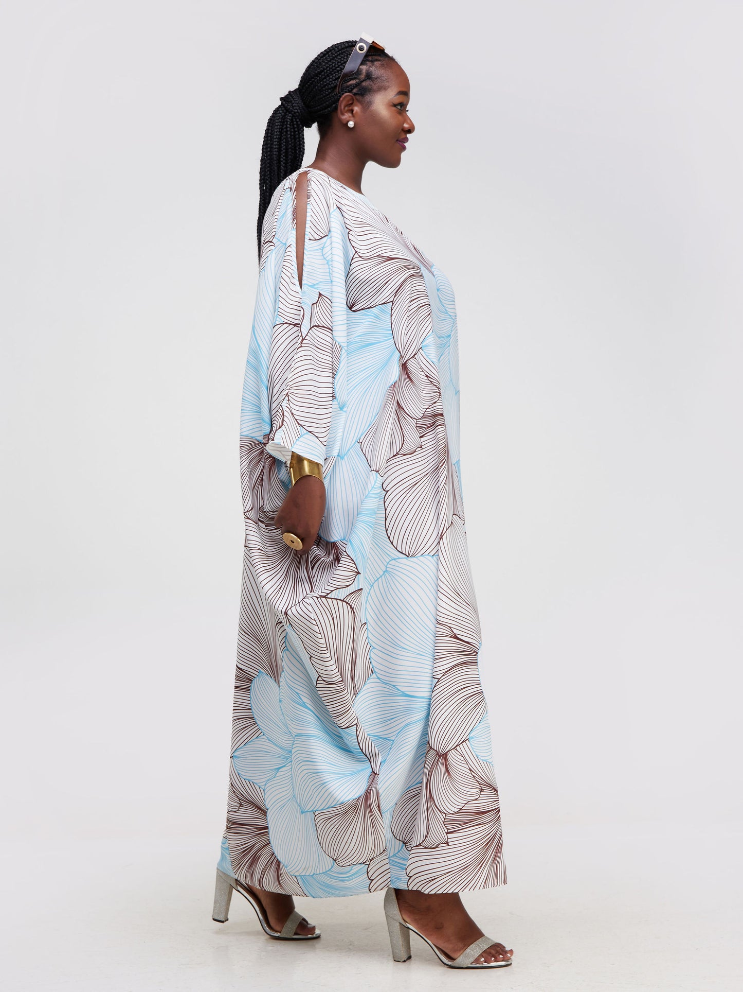 Vivo Asika Cold Shoulder Kaftan - Brown / Light Teal Floral Print