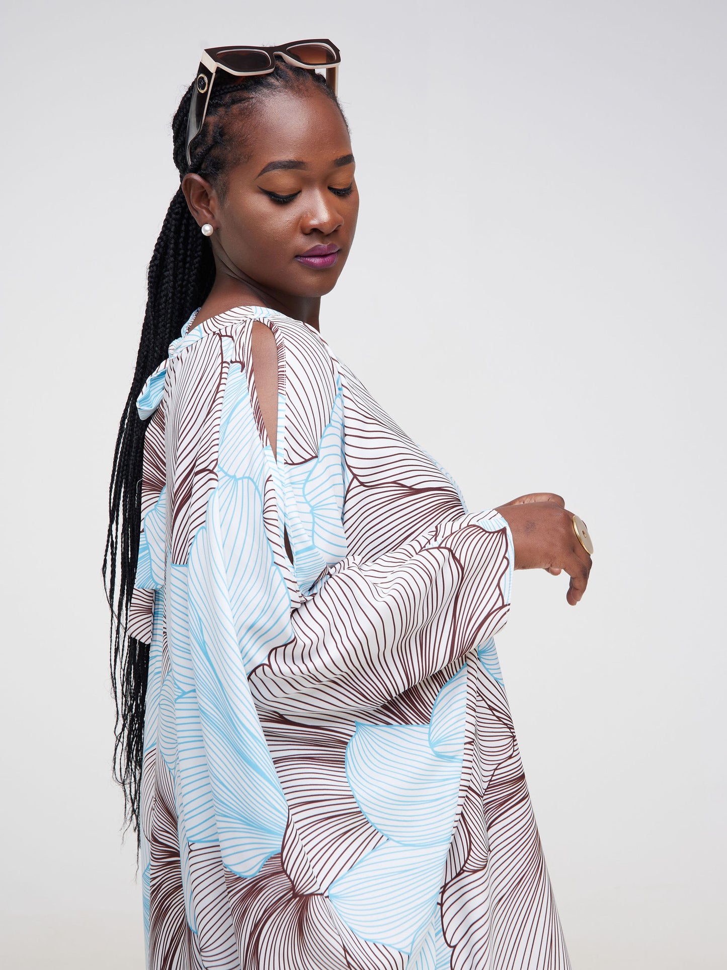 Vivo Asika Cold Shoulder Kaftan - Brown / Light Teal Floral Print