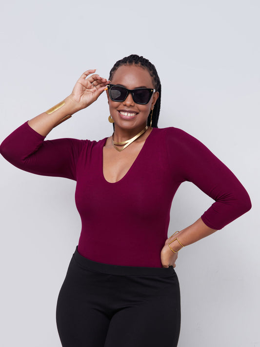 Vivo Basic 3/4 Sleeved Double Layered Bodysuit - Burgundy