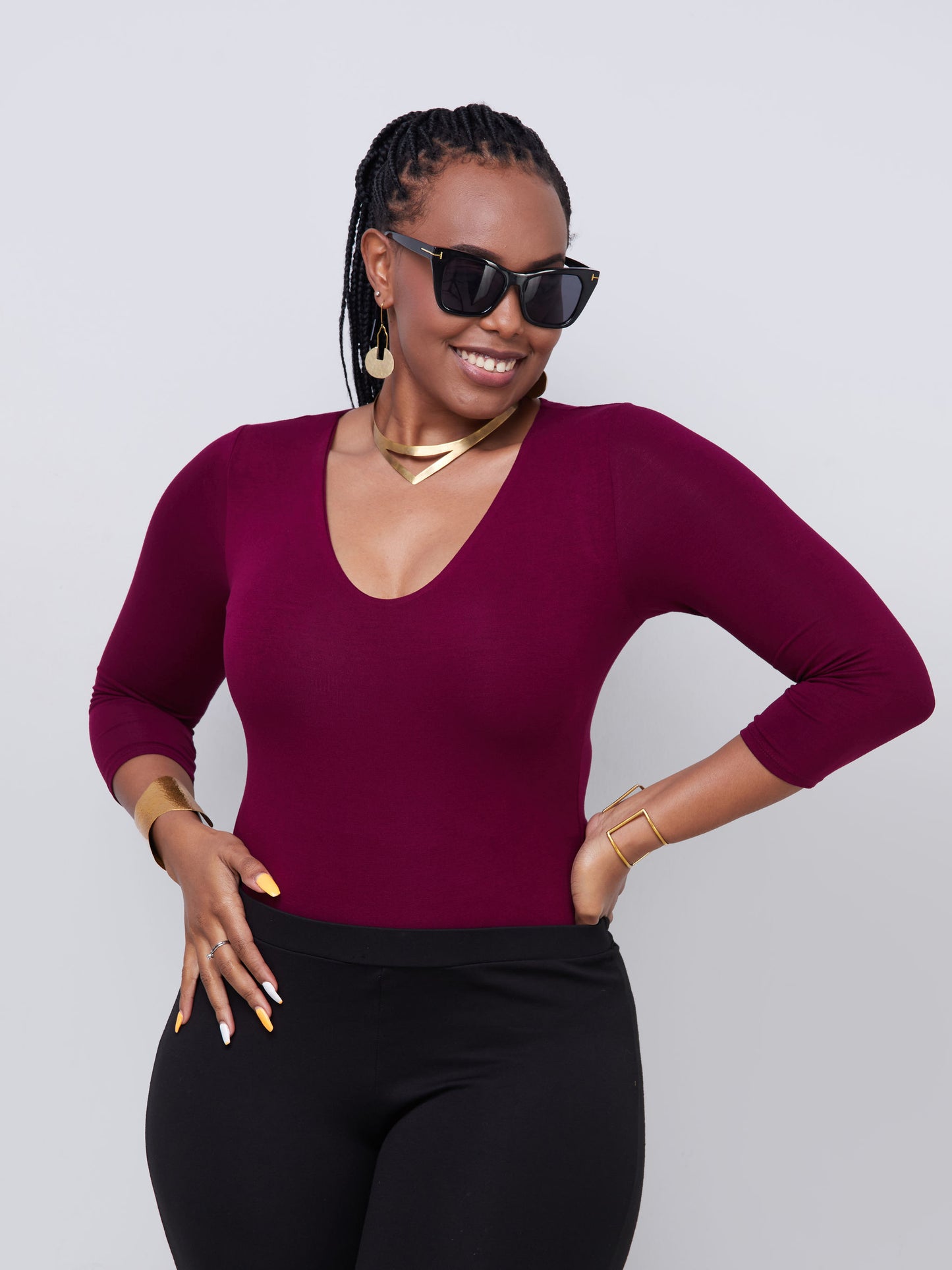 Vivo Basic 3/4 Sleeved Double Layered Bodysuit - Burgundy