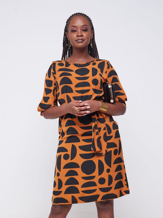 Vivo Jasiri 3/4 Cut Out Sleeve Shift Dress - Brown Abstract Print