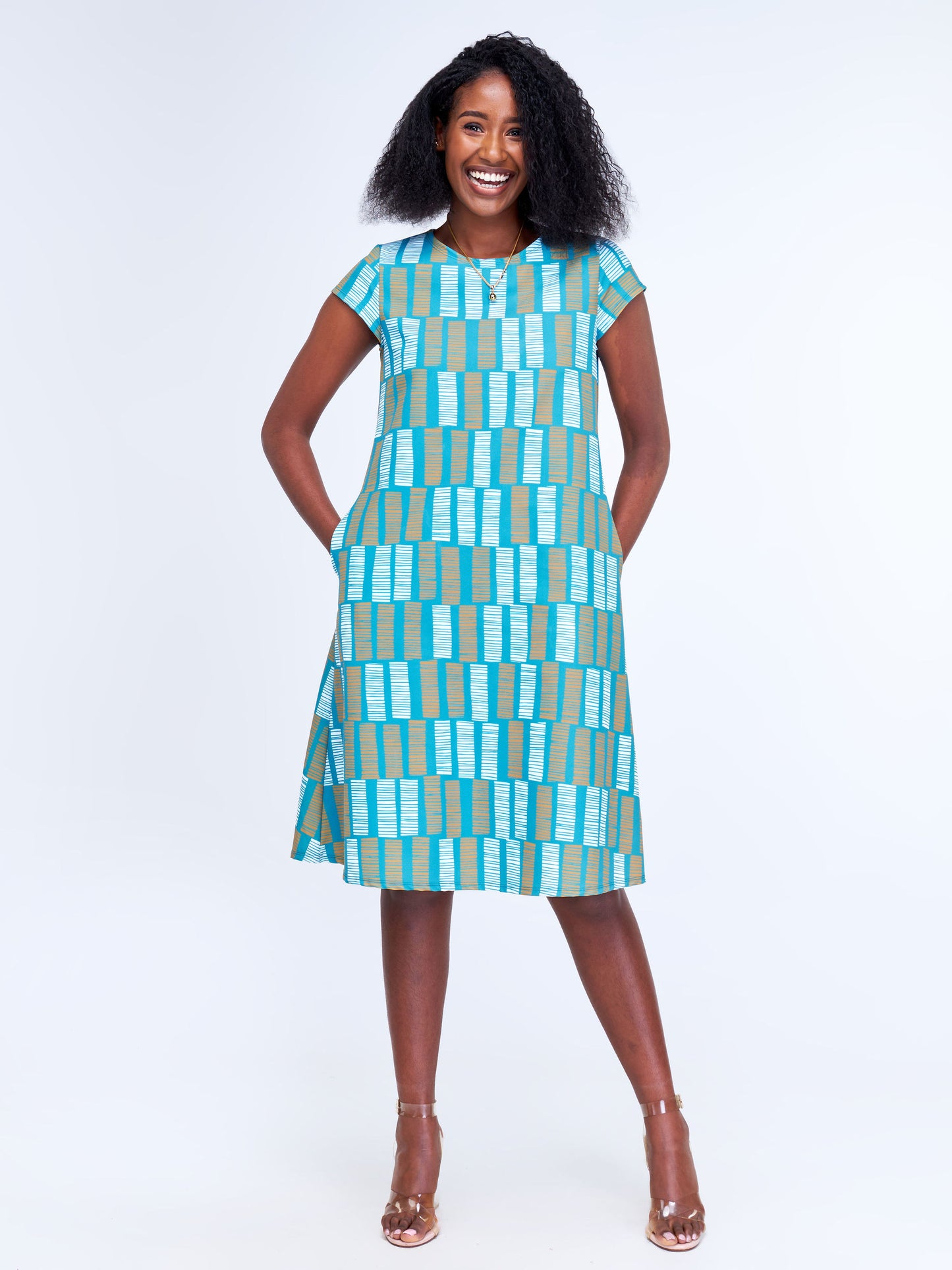Vivo Tuni Cap Sleeve Tent Dress - Teal / Rust Abstract Print