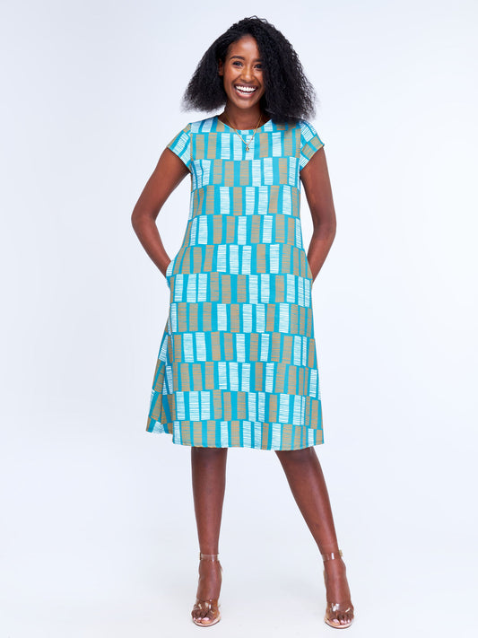 Vivo Tuni Cap Sleeve Tent Dress - Teal / Rust Abstract Print