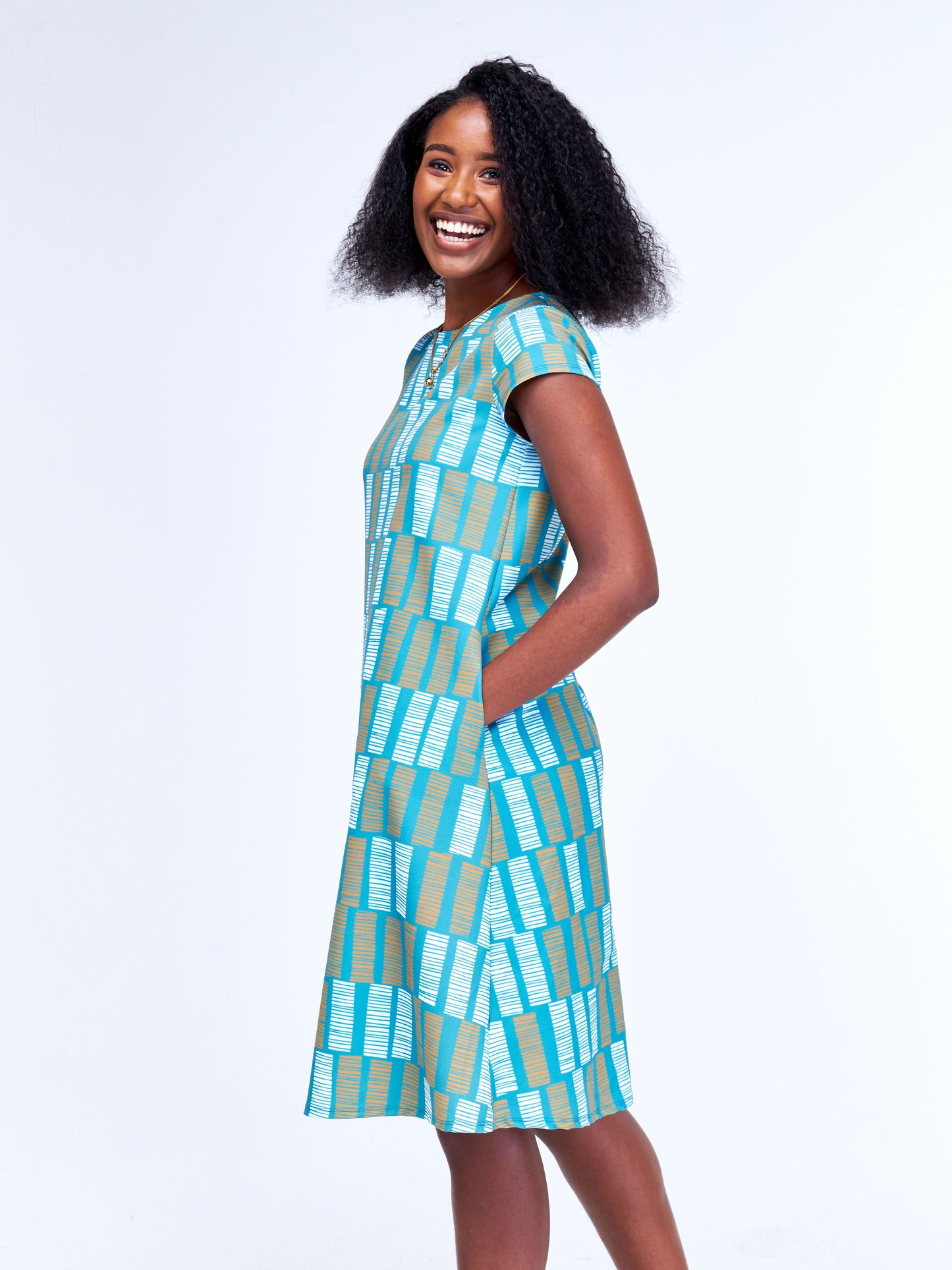 Vivo Tuni Cap Sleeve Tent Dress - Teal / Rust Abstract Print