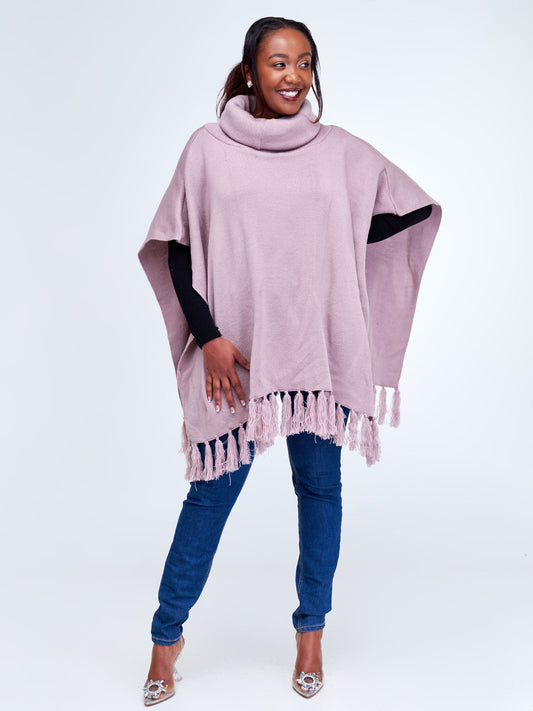 Vivo Turtleneck Knit Fringe Poncho - Light Taupe