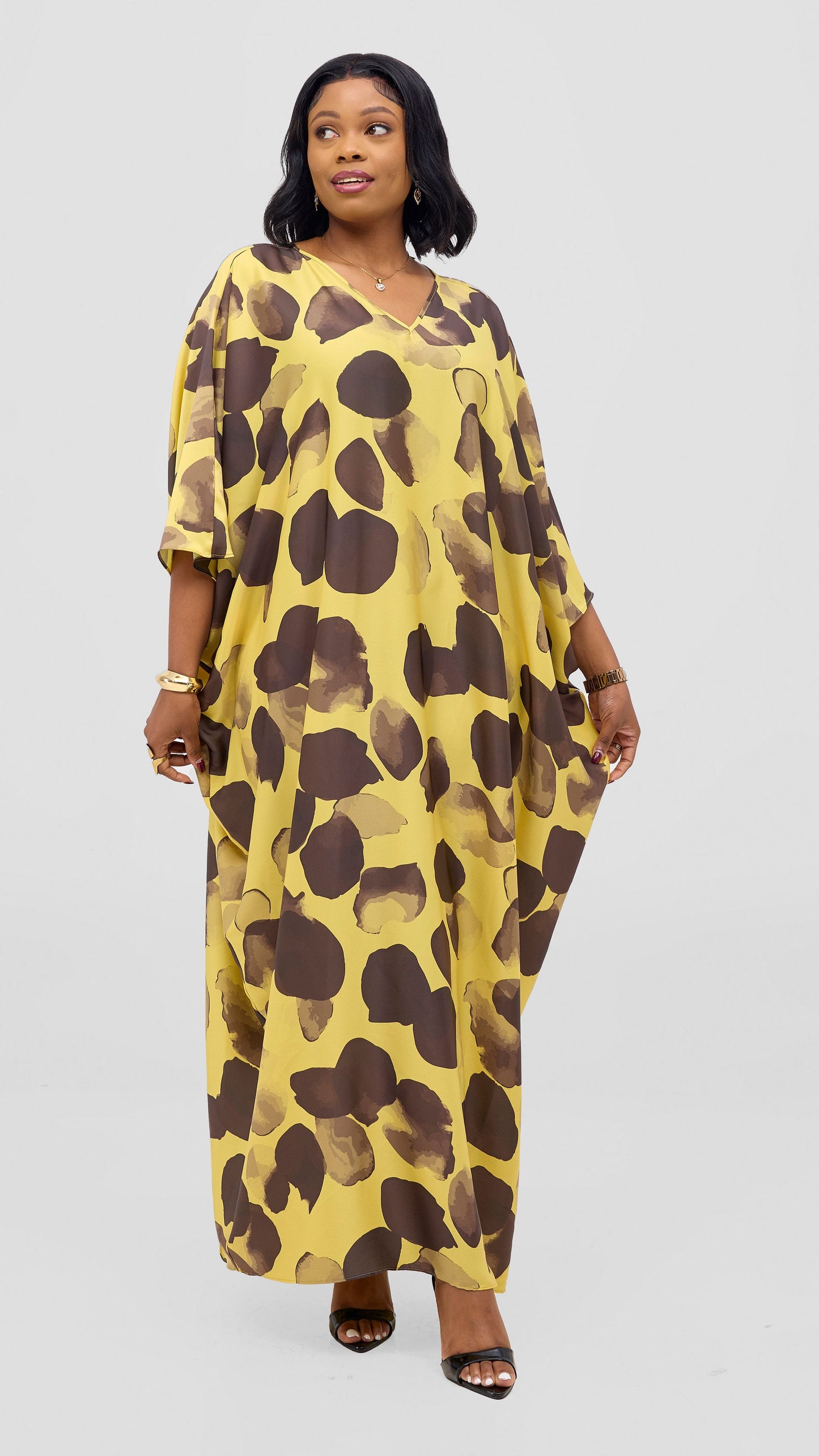 Vivo Keza V-Neck Maxi Kaftan - Yellow / Dark Brown Arisi Print