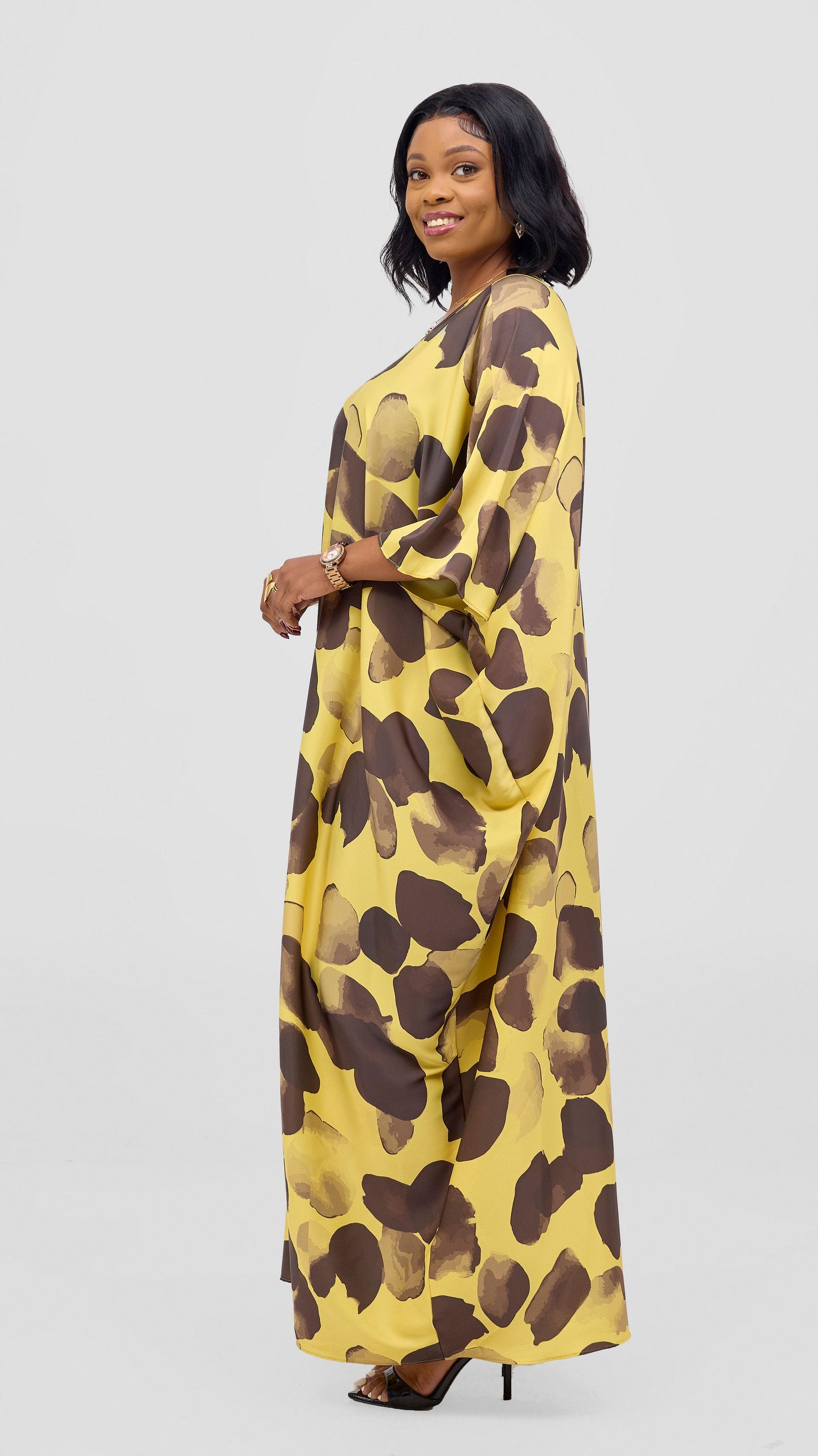 Vivo Keza V-Neck Maxi Kaftan - Yellow / Dark Brown Arisi Print