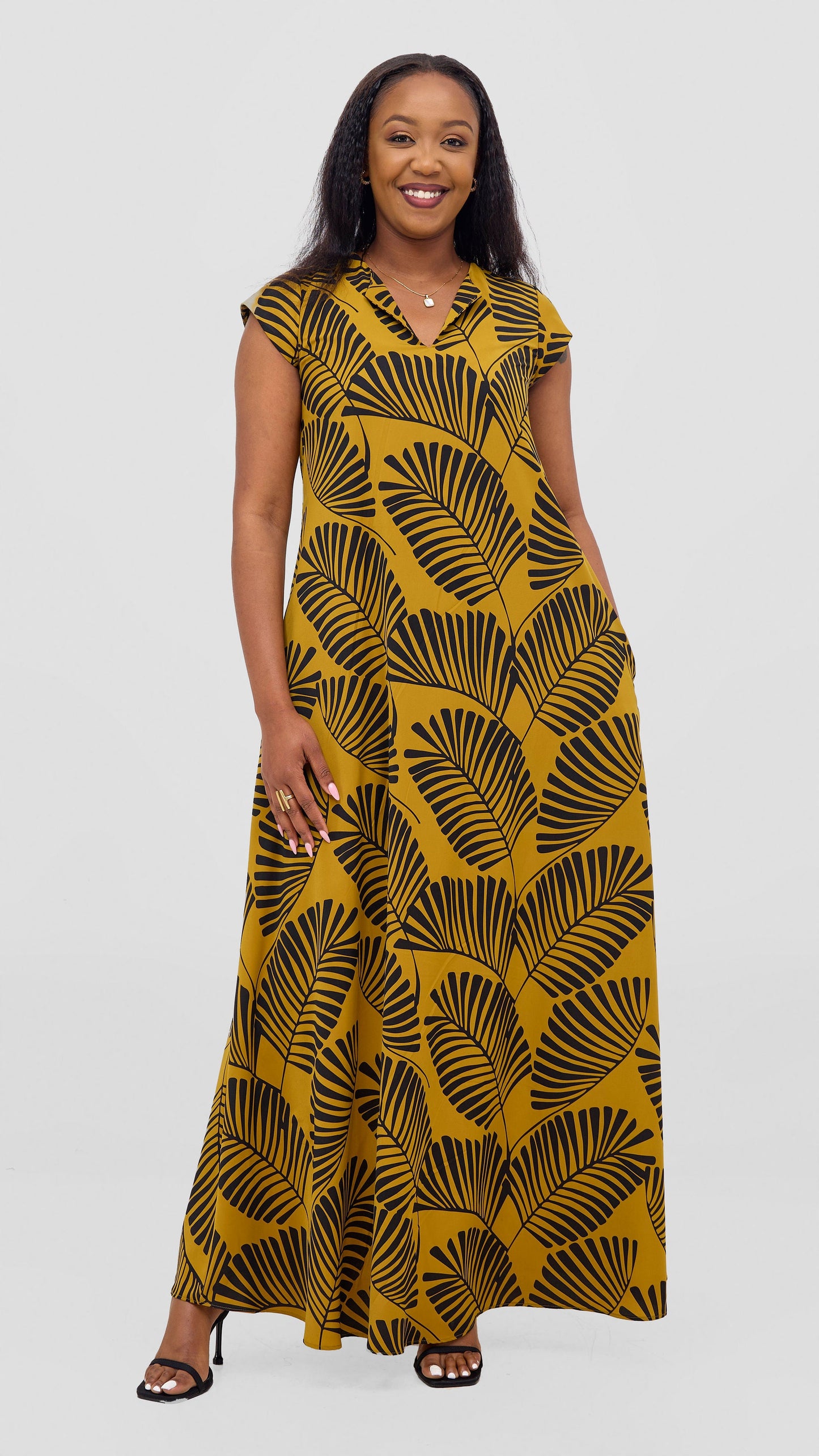 Vivo Zola V Neck Cap Sleeve Maxi Dress - Mustard / Black Emin Print