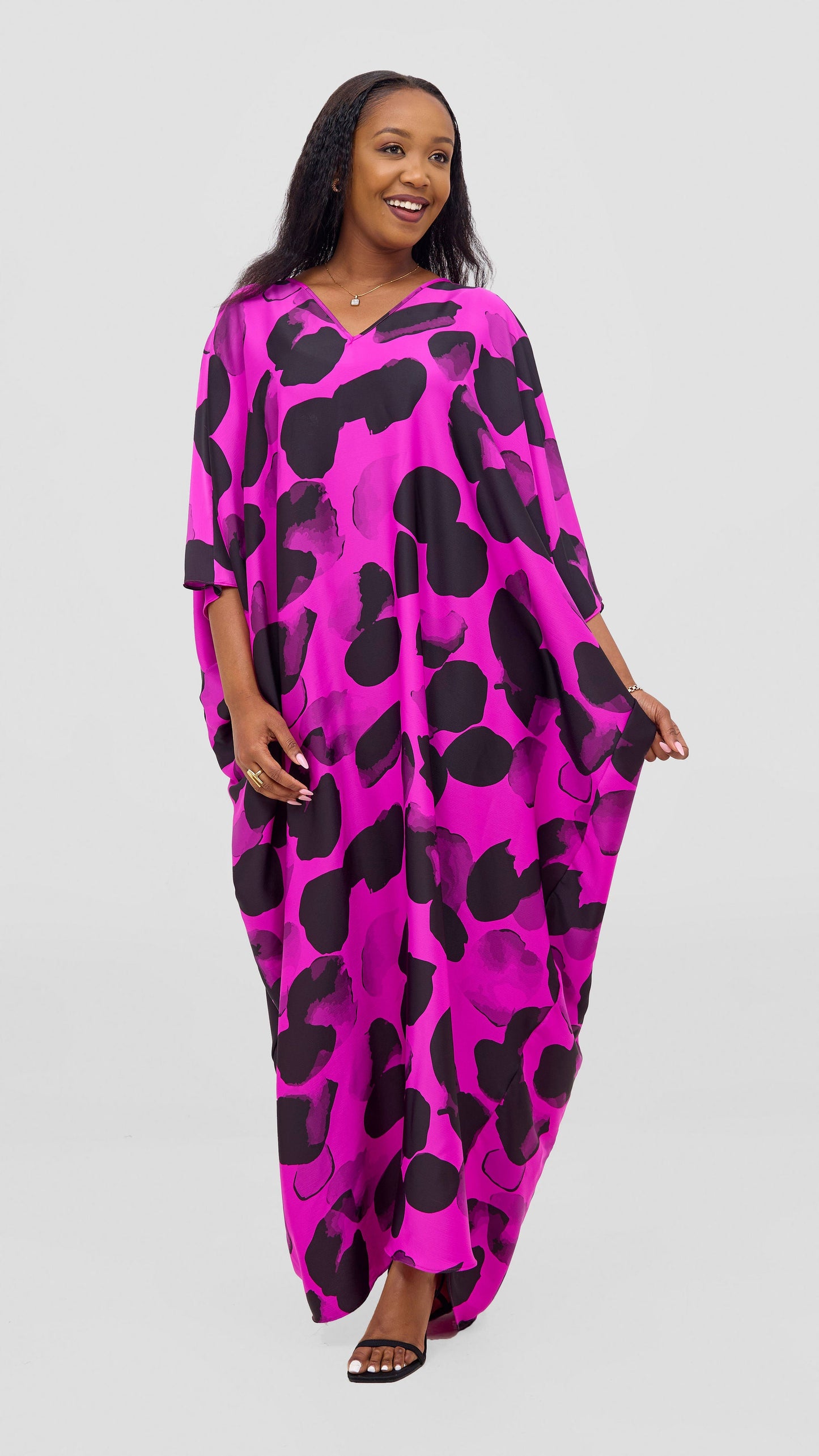 Vivo Keza V-Neck Maxi Kaftan - Fuschia / Black Arisi Print